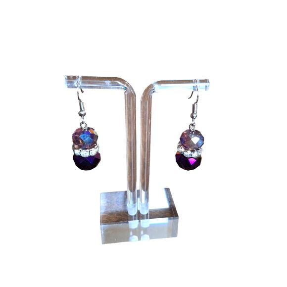 Purple Crystal Dangle Earrings Rhinestone Rondelles Fishhook Ear Wires - Picture 3 of 4